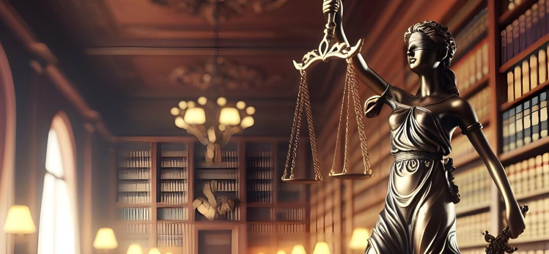 Bronzestatue der Justitia mit Waage und Schwert in einer eleganten Bibliothek mit Gesetzesbüchern und Richterhammer im Vordergrund.