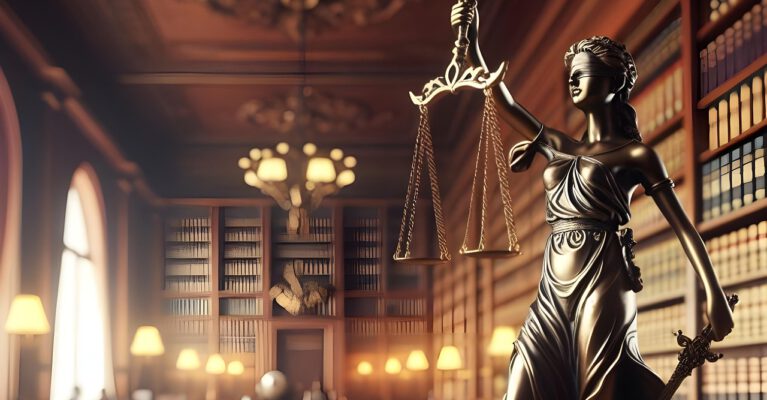 Bronzestatue der Justitia mit Waage und Schwert in einer eleganten Bibliothek mit Gesetzesbüchern und Richterhammer im Vordergrund.
